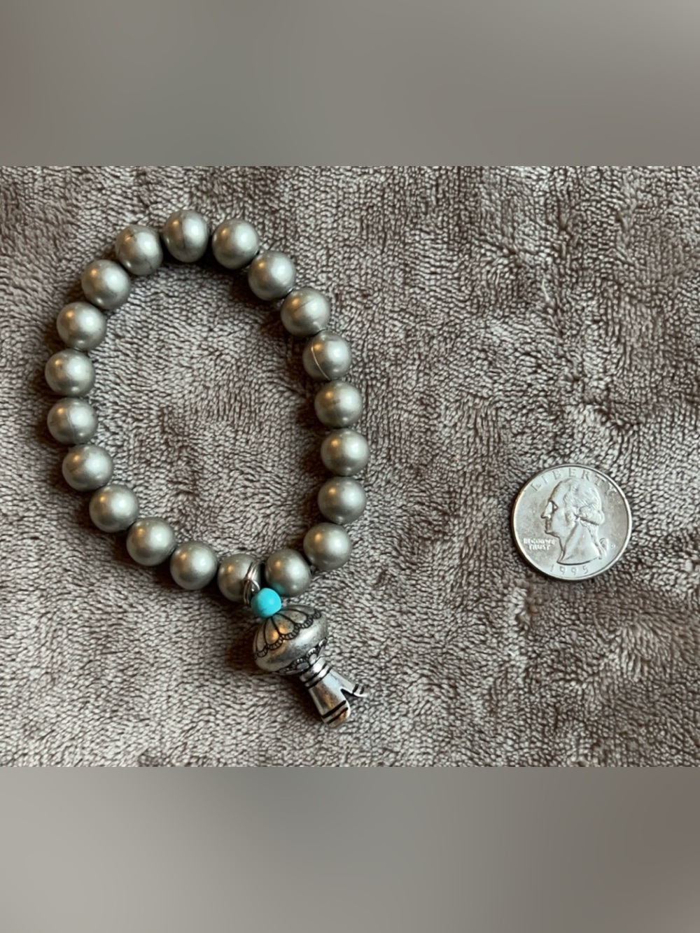 Silver-Tone Beaded Bracelet with Turquoise Accent Blossom Charm